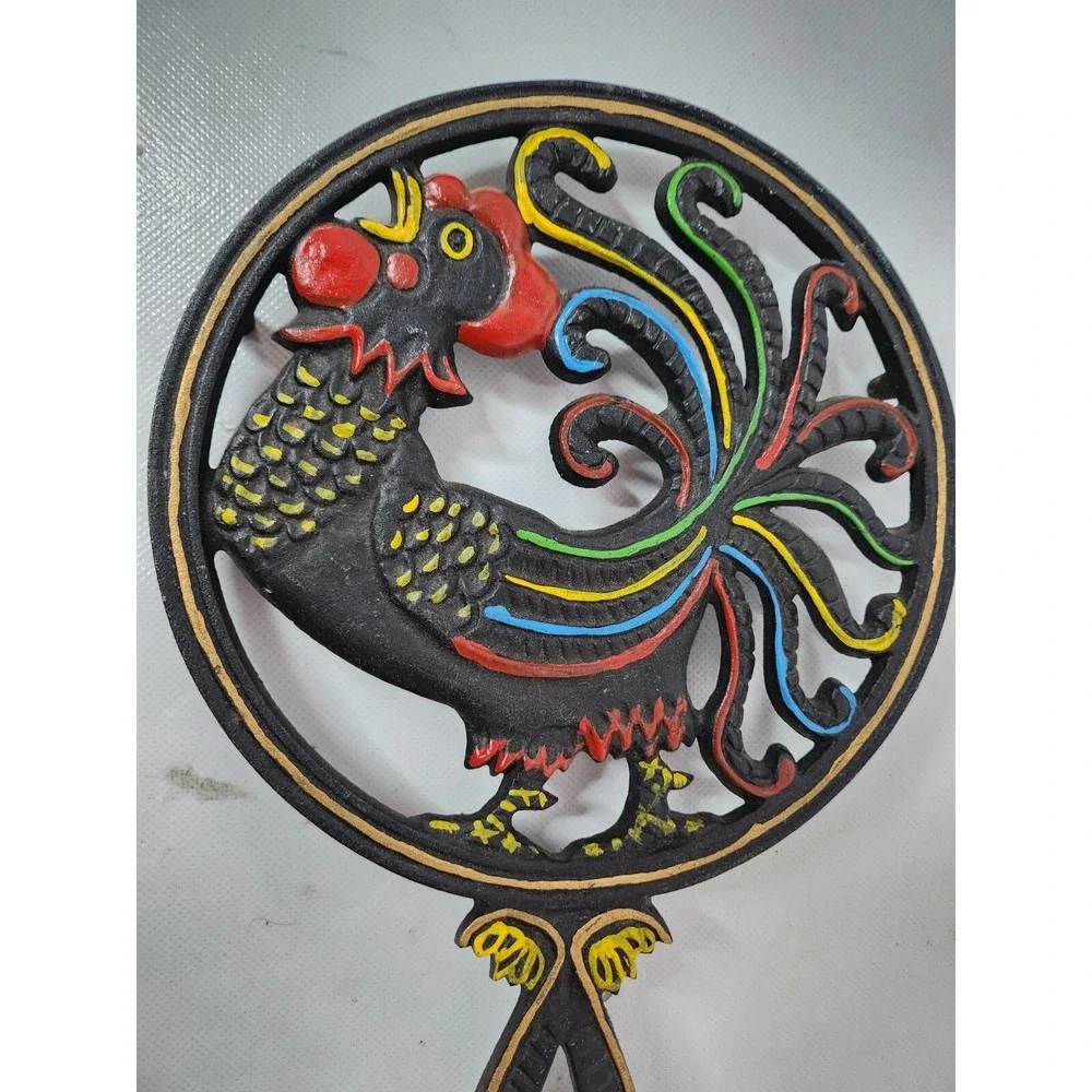 Vintage 50s Wilton Cast Iron Painted Rooster Trivet Hot Plate With Handle MCM